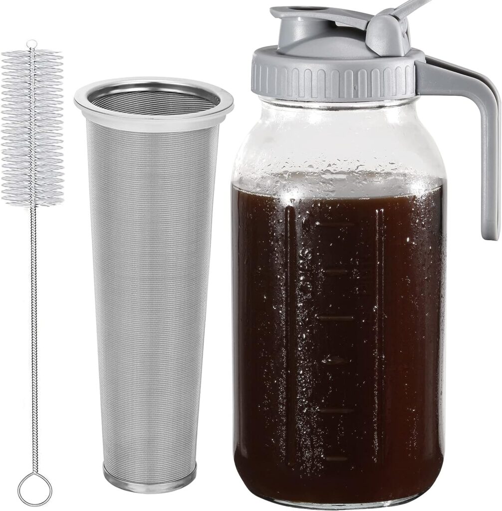 Cold Brew Coffee Maker Pitcher, 64 Oz Heavy Duty Wide Mouth Glass Mason Jar pour spout Lid with Stainless Steel Filter for Iced Coffee, Ice Lemonade, Fruit Drinks, Sun Tea