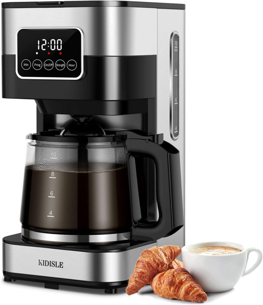 KIDISLE Programmable Coffee Maker, 10-Cup Drip Coffee Machine with Touch Screen, Glass Carafe, Reusable Filter, Warming Plate, Regular  Strong Brew for Home and Office, Black  Stainless Steel