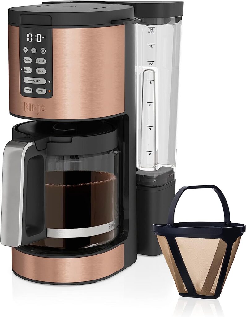 Ninja DCM201CP Programmable XL 14-Cup Coffee Maker PRO with Permanent Filter, 2 Brew Styles Classic  Rich, Delay Brew, Freshness Timer  Keep Warm, Dishwasher Safe, Copper