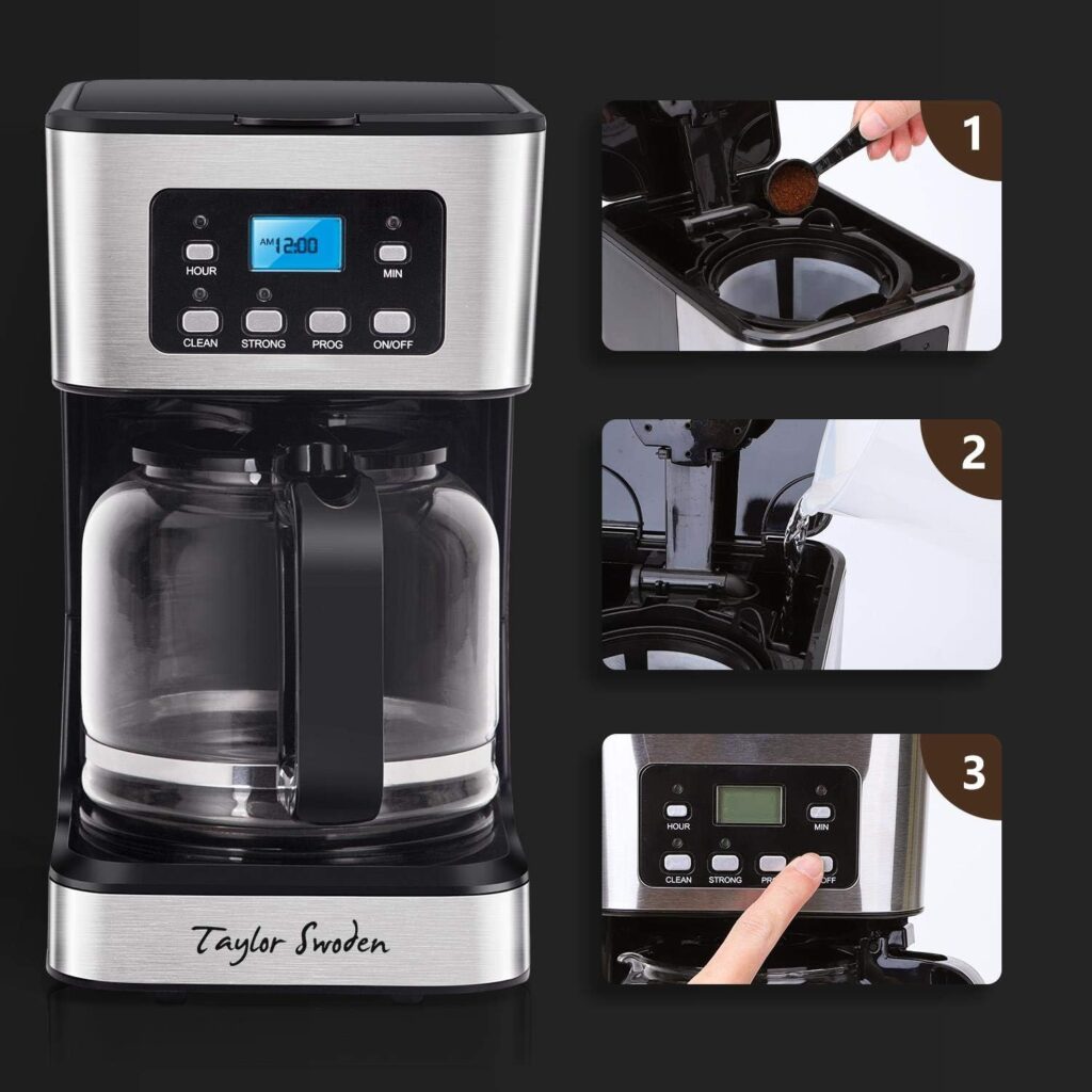 Taylor Swoden Programmable Coffee Maker, 4-12 Cups Drip Coffee Machine with Glass Carafe, Regular  Strong Brew, Pause  Serve for Home and Office