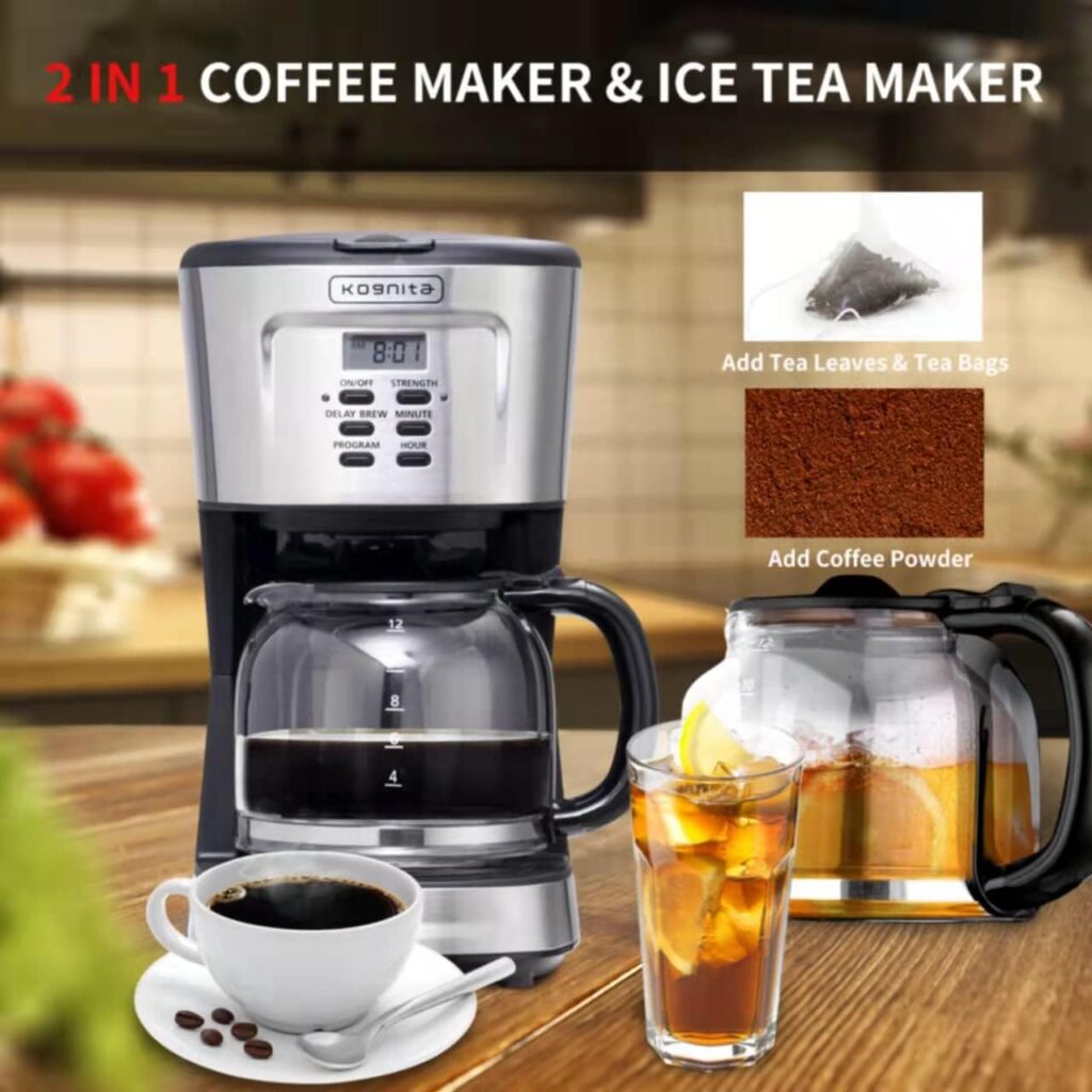 12 Cup Coffee Maker, Programmable Coffee Machine  Ice Tea Maker with Glass Carafe, Drip Coffee Maker Coffee Pot, Auto Keep Warm, Anti-Drip, Strength Control, Stainless Steel Small Coffe Maker, 900W Quick Brew, Kognita