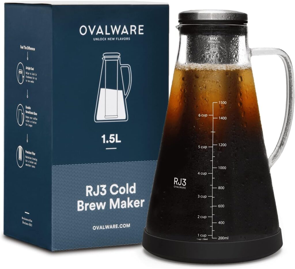 Airtight Cold Brew Iced Coffee Maker ( Iced Tea Maker) with Spout – 1.5L/ 51oz Ovalware RJ3 Brewing Glass Carafe with Removable Stainless Steel Filter