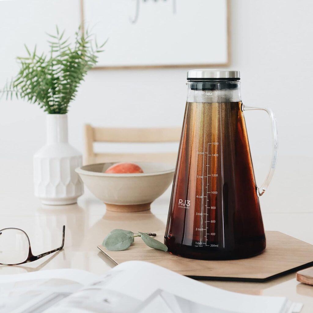 Airtight Cold Brew Iced Coffee Maker ( Iced Tea Maker) with Spout – 1.5L/ 51oz Ovalware RJ3 Brewing Glass Carafe with Removable Stainless Steel Filter
