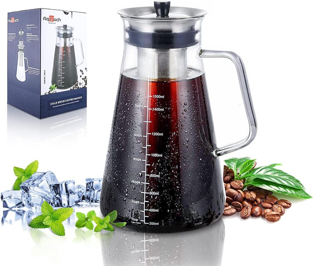 Aquach Airtight Cold Brew Coffee (Iced Tea) Maker 51oz/1.5L, BPA-Free, Durable Borosilicate Glass Pitcher and Stainless Steel Fine-Mesh Filter, Dishwasher Safe, Spill-proof, 6 Cups Capacity