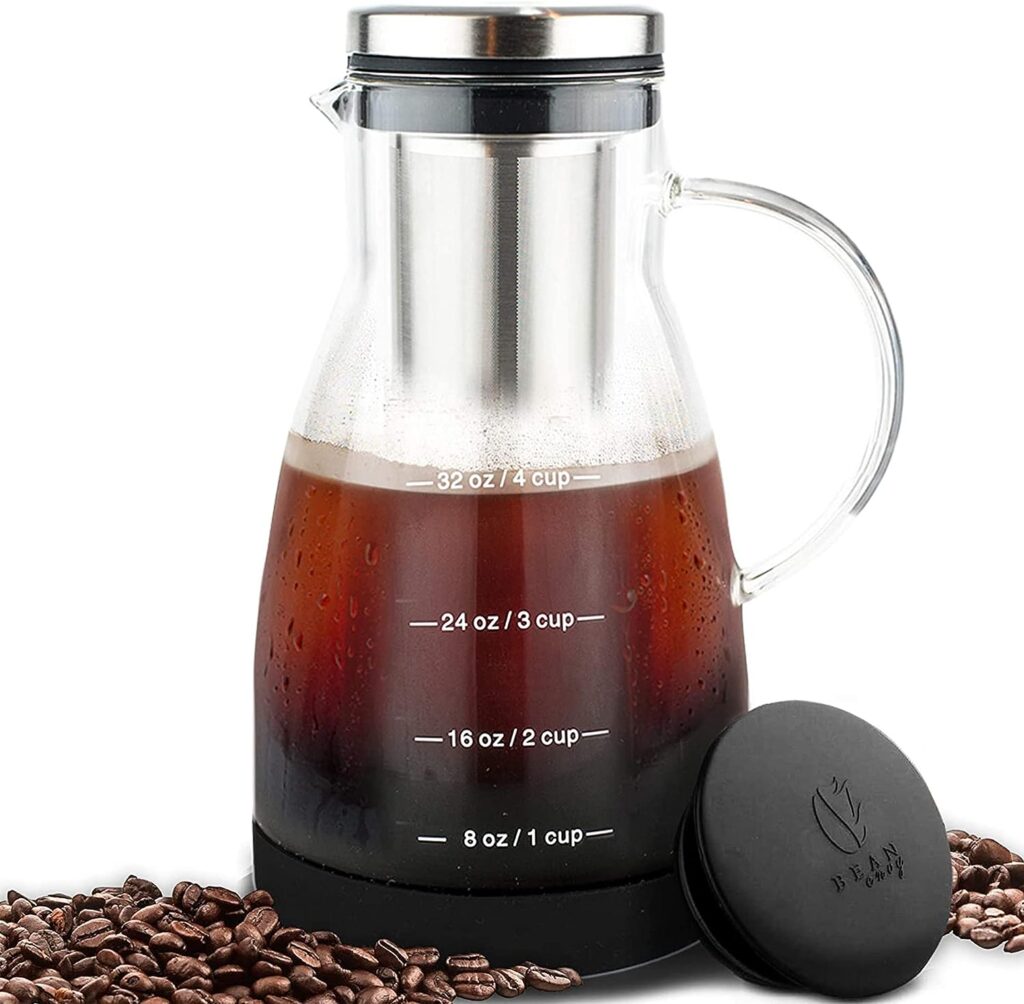 Bean Envy Cold Brew Coffee Maker - 32 oz Glass Iced Tea  Coffee Cold Brew Maker and Pitcher w/Silicone Cap  Base