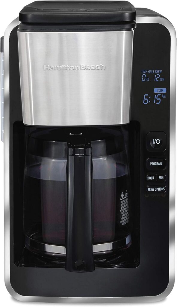 Hamilton Beach 12 Cup Programmable Front-Fill Drip Coffee Maker with Glass Carafe, Auto Shutoff, 3 Brew Options, Black with Stainless  Chrome Accents (46321)