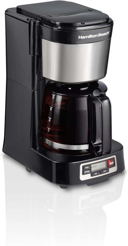 Hamilton Beach 5 Cup Compact Drip Coffee Maker with Programmable Clock, Glass Carafe, Auto Pause and Pour, Black  Stainless Steel (46111)