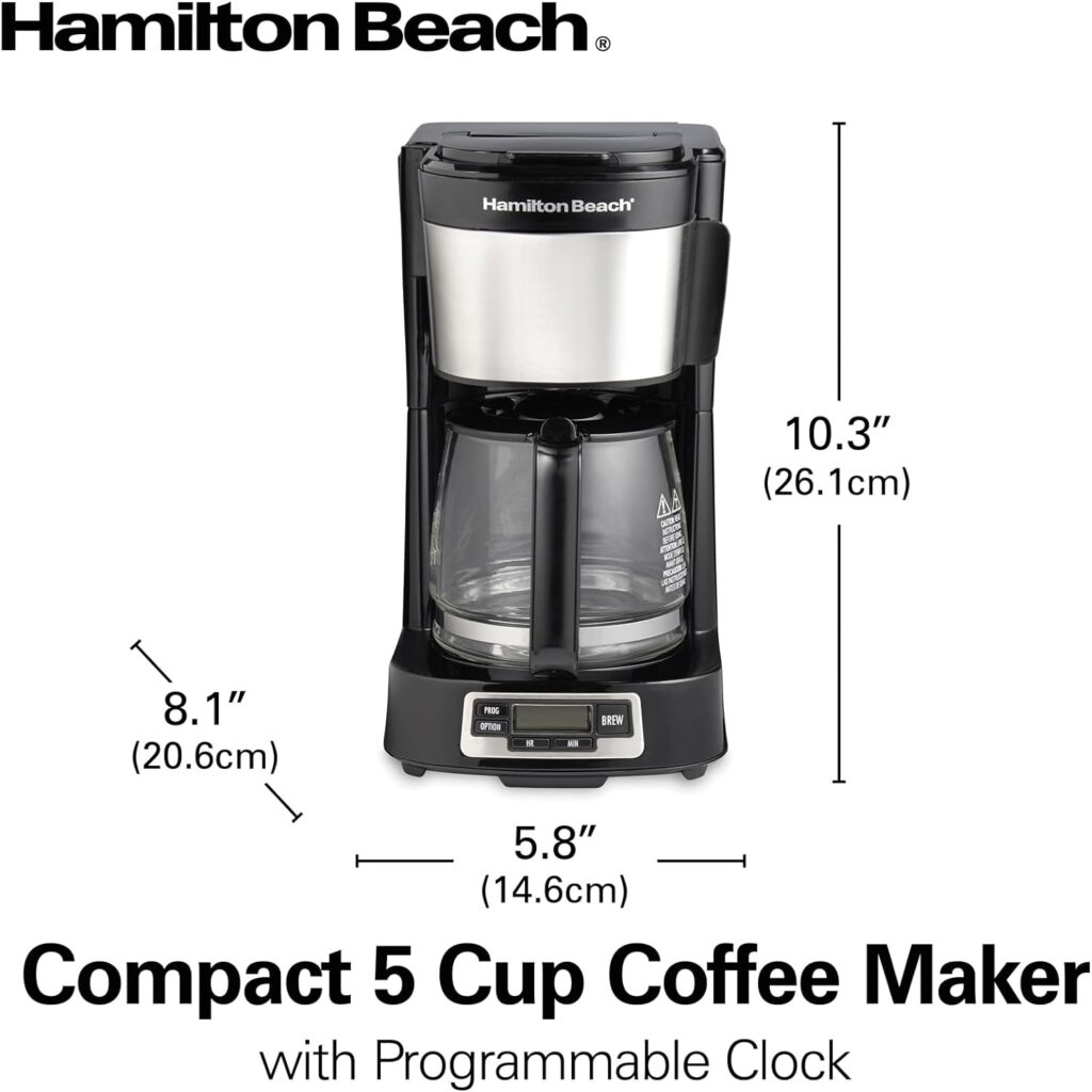 Hamilton Beach 5 Cup Compact Drip Coffee Maker with Programmable Clock, Glass Carafe, Auto Pause and Pour, Black  Stainless Steel (46111)