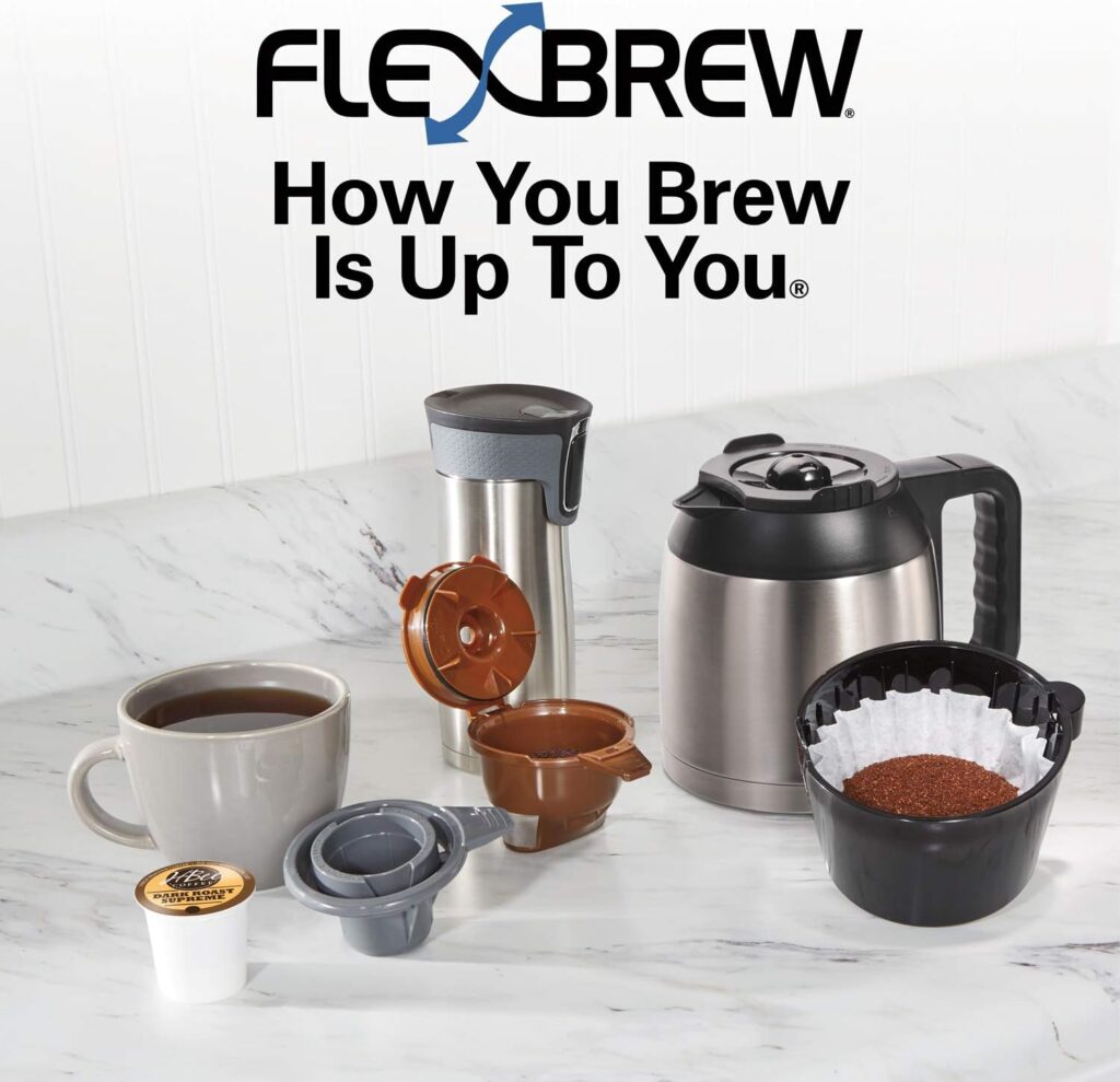 Hamilton Beach FlexBrew Trio 2-Way Coffee Maker, Compatible with K-Cup Pods or Grounds, Combo, Single Serve  Full 10c Thermal Pot, Black and Stainless