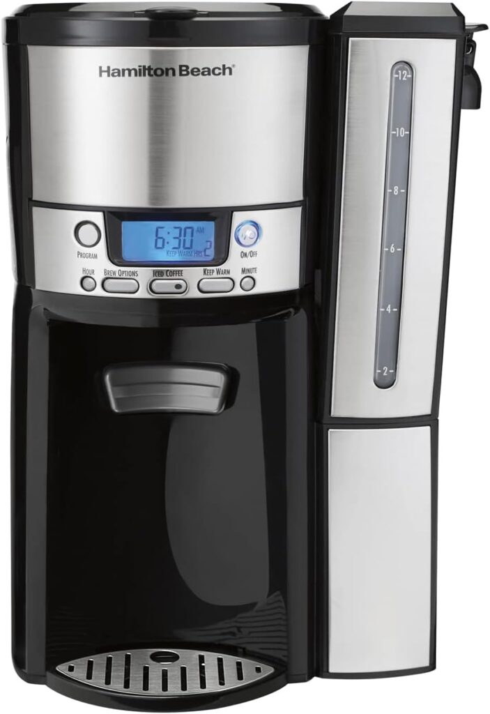Hamilton Beach One Press Programmable Dispensing Drip Coffee Maker with 12 Cup Internal Brew Pot, Water Reservoir, Black  Stainless (47950)