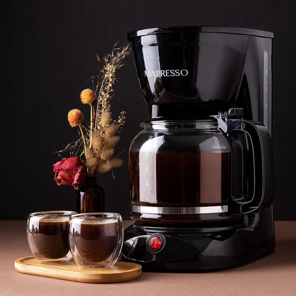 Mixpresso 12-Cup Drip Coffee Maker, Coffee Pot Machine, Borosilicate Glass Carafe, Anti-Drip System, Black Electric Coffee Maker, Clear Water Level Window Coffee Machine