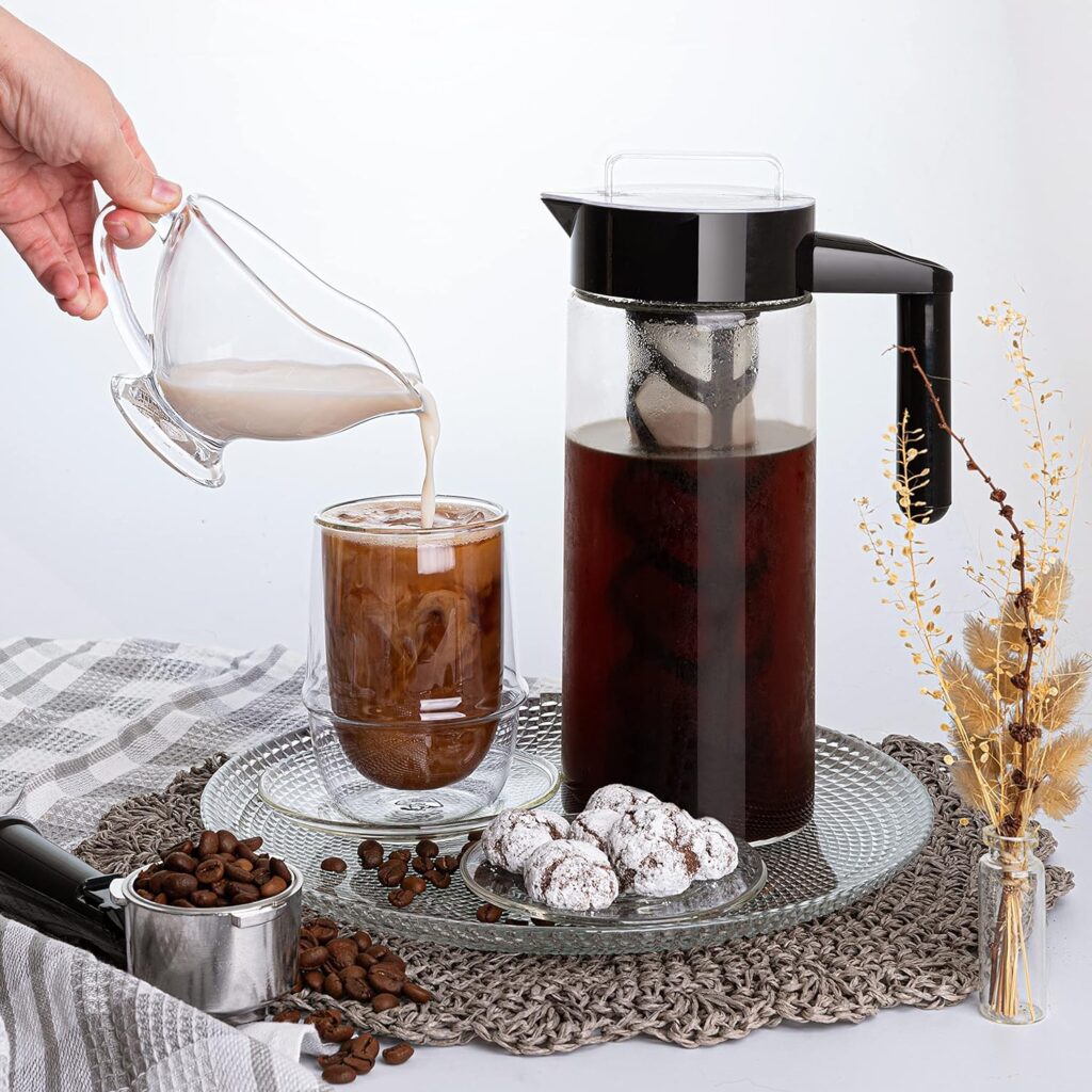Mixpresso Cold Brew Maker For Iced Coffee and Tea, 44 oz Coffee Maker Glass Pitcher, Tea Infuser For Loose Leaf Tea, Large (Black)