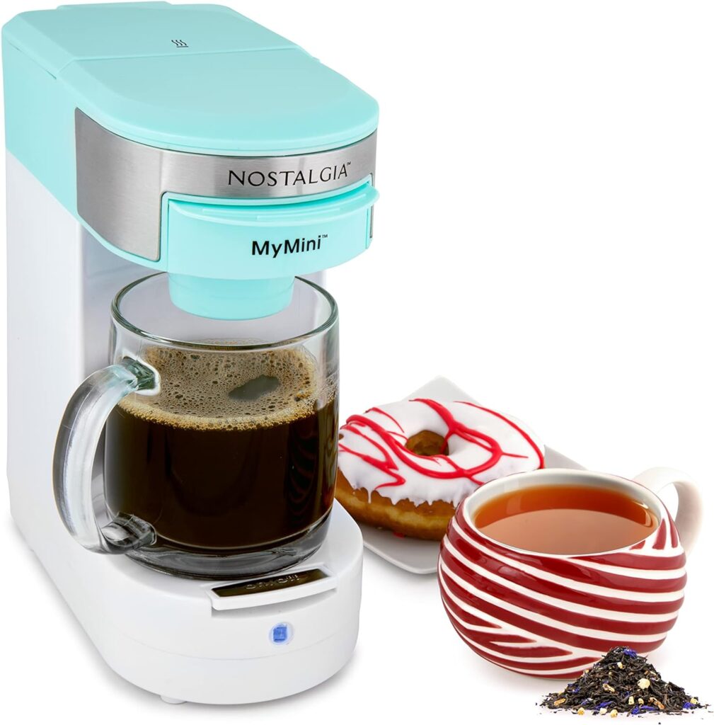 Nostalgia MyMini Single Coffee Maker, Brews K-Cup  Other Pods, Serves up to 14 Ounces, Tea, Chocolate, Hot Cider, Lattes, Reusable Filter Basket Included, Aqua