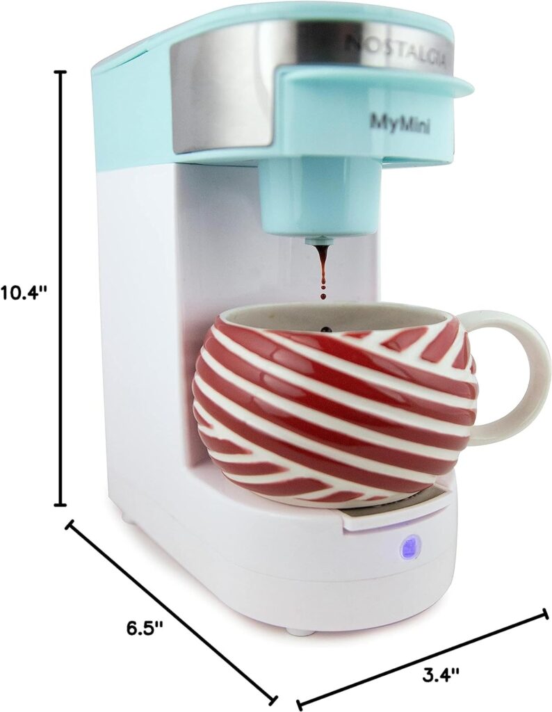 Nostalgia MyMini Single Coffee Maker, Brews K-Cup  Other Pods, Serves up to 14 Ounces, Tea, Chocolate, Hot Cider, Lattes, Reusable Filter Basket Included, Aqua