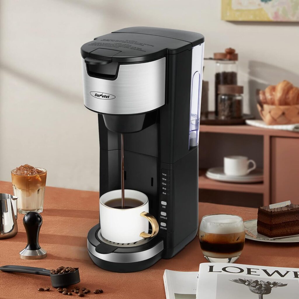 Sunvivi Single Serve Coffee Maker For Single Cup Pods  Ground Coffee with 30 Oz Detachable Reservoir, 3 levels One Cup Adjustable Drip Tray Suitable for 7 Travel Tumbler