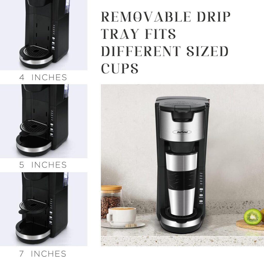 Sunvivi Single Serve Coffee Maker For Single Cup Pods  Ground Coffee with 30 Oz Detachable Reservoir, 3 levels One Cup Adjustable Drip Tray Suitable for 7 Travel Tumbler
