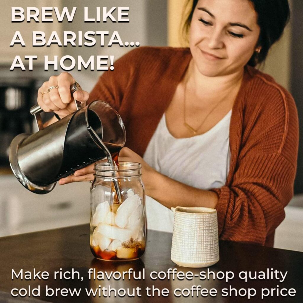Cafe Du Chateau Brew Perfect Iced Coffee  Tea w/Our Cold Brew Coffee Maker, Pitcher for Fridge (34oz) - Air Tight Seal, Measuring Label - Stainless Steel Iced Coffee Maker Machine