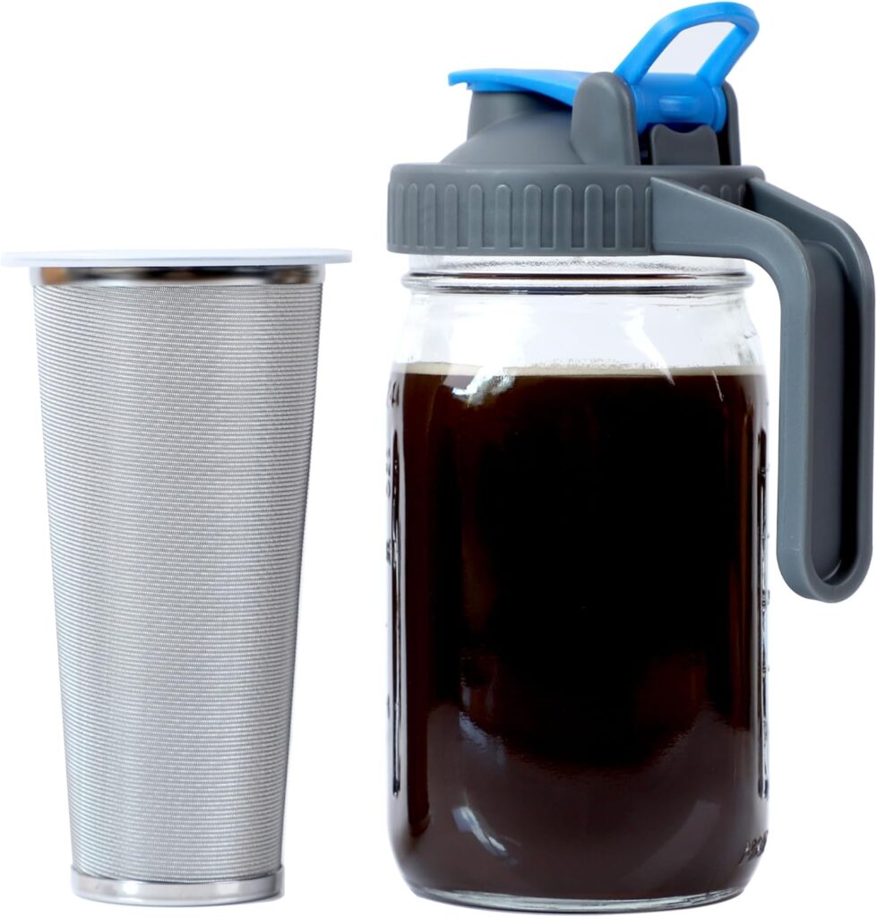 GMSWEET Mason Jar Cold Brew Coffee Maker 64 OZ Wide Mouth Cold Brew Pitcher With Pour Spout Handle Lid And Brew Filter For Iced Coffee, Iced Tea, Lemonade And Beverages