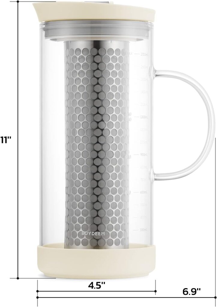 BUYDEEM Cold Brew Coffee and Tea Maker, 57oz Large Capacity Borosilicate Glass Pitcher with and Removable 18/8 Stainless Steel Brewing Mesh Filter, Dishwasher Safe (Oatmeal White)