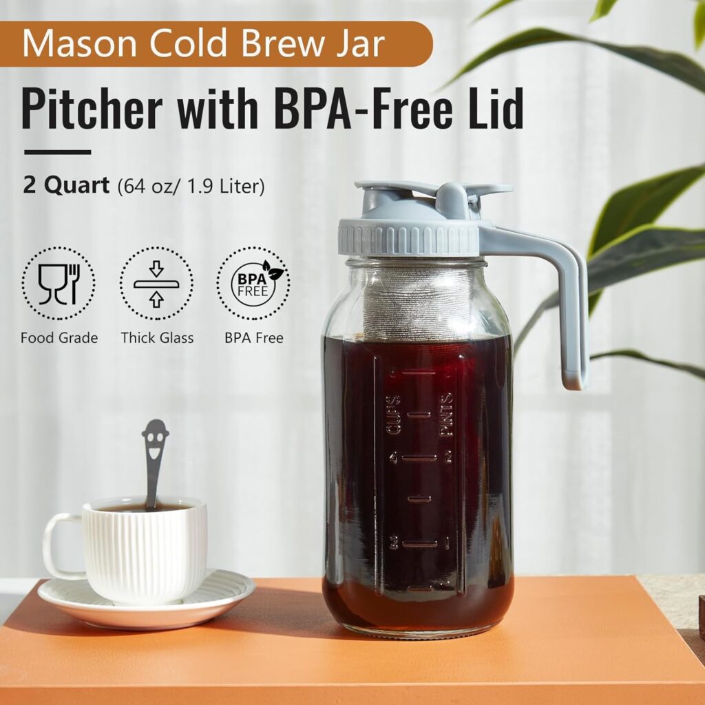 Cold Brew Coffee Maker Mason Jar 64oz, Durable Thick Glass Cold Brew Pitcher Flip Cap Spout Lid w/Handle, Heavy Duty Stainless Steel Filter, Lemonade, Ice Tea Pitcher, Homemade Fruit Drinks Container