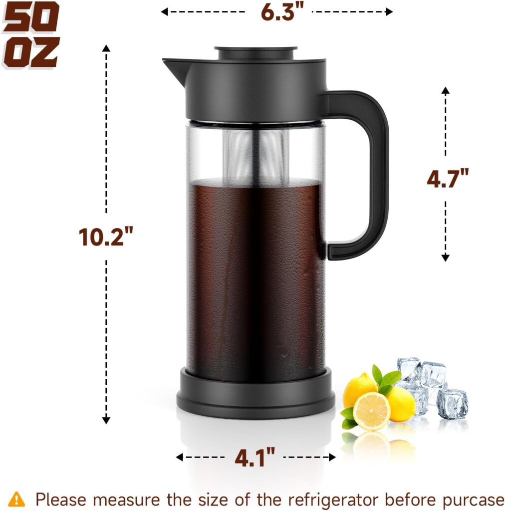 COPOTEA Cold Brew Coffee Maker, 50oz/1.5L Iced Coffee Maker and Ice Tea Brewer for Fridge with Removable Stainless Steel Brewer Filter