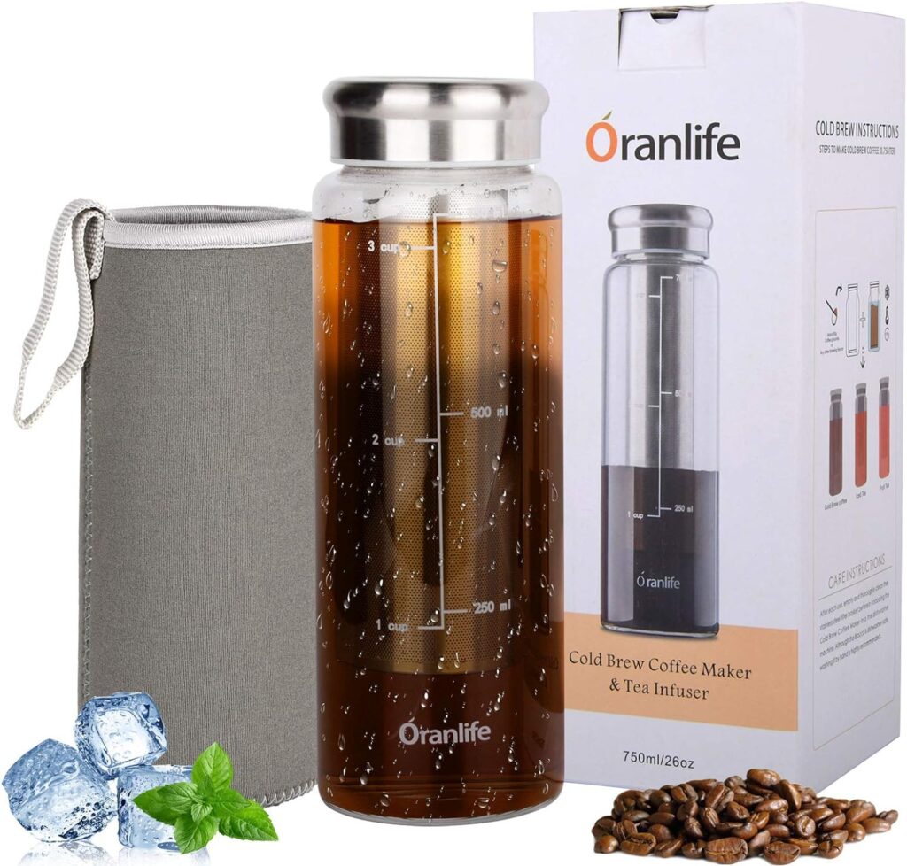 Oranlife Cold Brew Coffee Maker, Portable Iced Coffee and Tea Infuser with Airtight Lid, Reusable Stainless Steel Mesh Filter for Iced Tea/Coffee, 3cup, 26oz